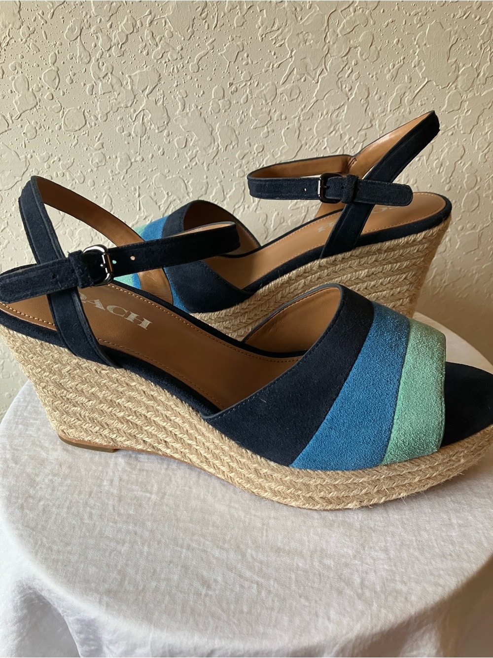 Coach: Midnight Navy/Aqua Suede Espadrille Wedge Sandals- 8.5